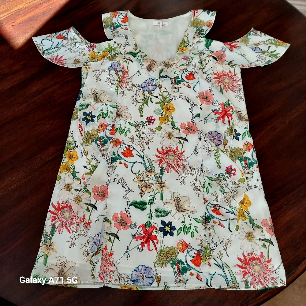 NWOT Parker New York Sangria Cold Shoulder Floral Ruffle Dress  S - Picture 16 of 16
